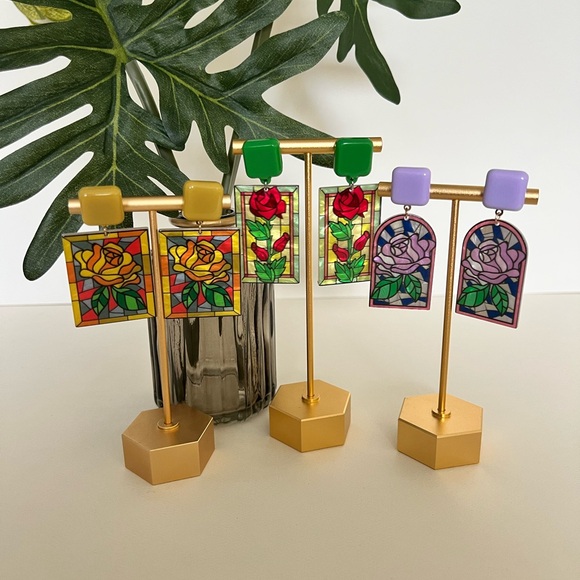 Art Nouveau Floral Stained Glass Earrings- Dangle Retro Flower Earrings - Picture 3 of 16